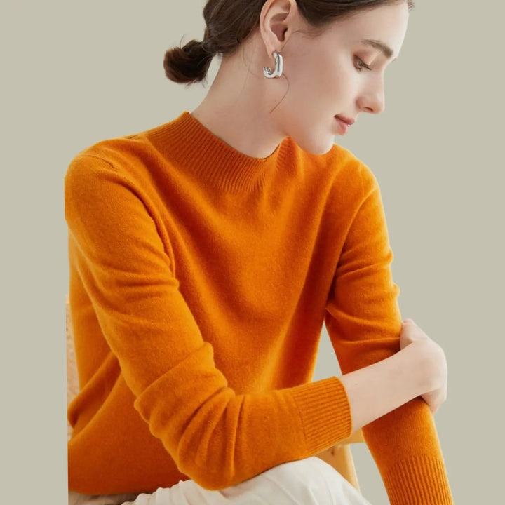 Women's Merino Wool Sweaters Mock-Neck Long-Sleeve Knit Jumper