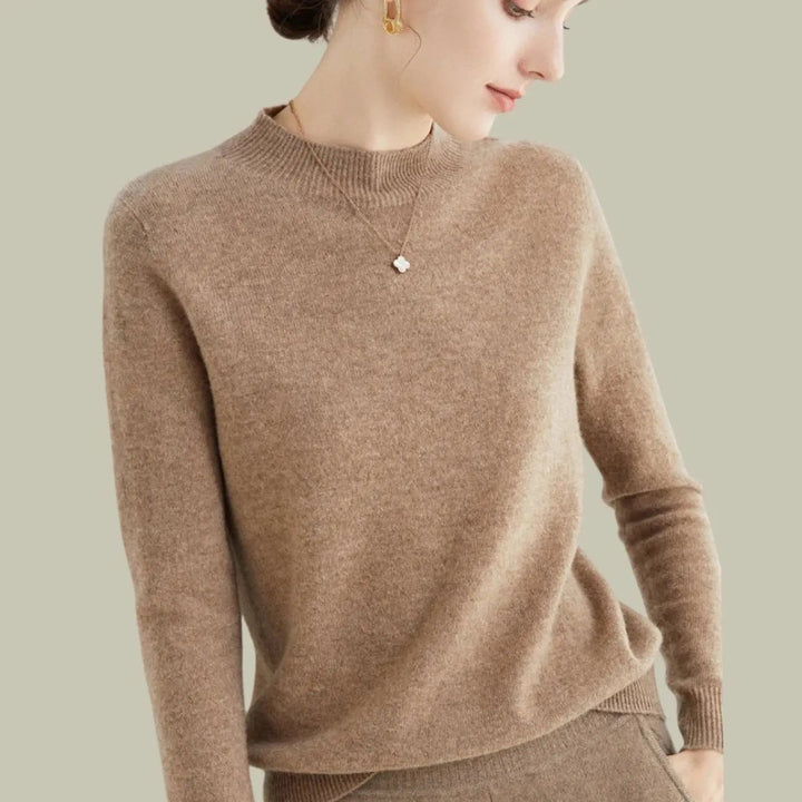 Women's Merino Wool Sweaters Mock-Neck Long-Sleeve Knit Jumper