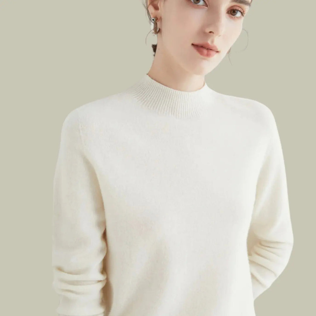 Women's Merino Wool Sweaters Mock-Neck Long-Sleeve Knit Jumper