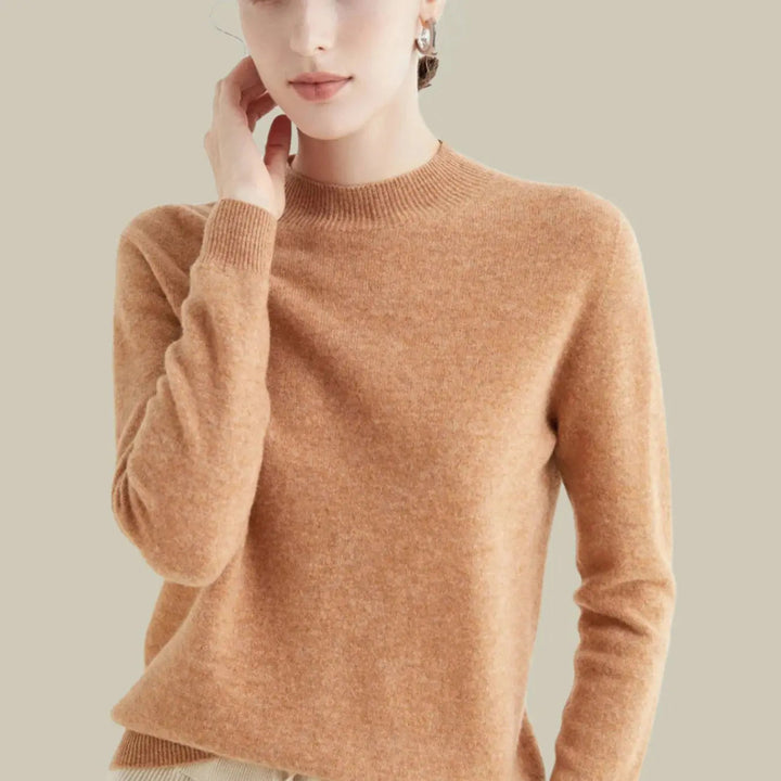 Women's Merino Wool Sweaters Mock-Neck Long-Sleeve Knit Jumper