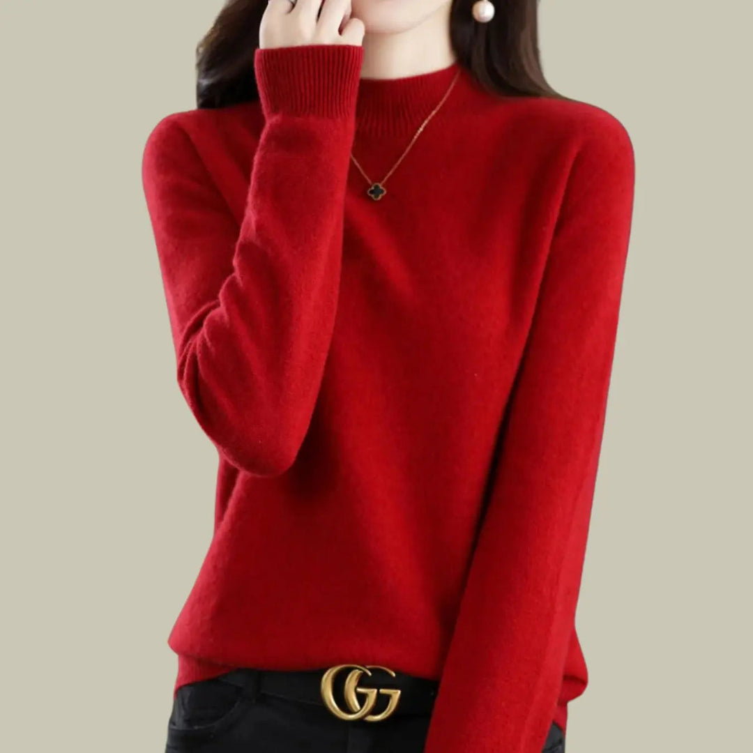 Women's Merino Wool Sweaters Mock-Neck Long-Sleeve Knit Jumper