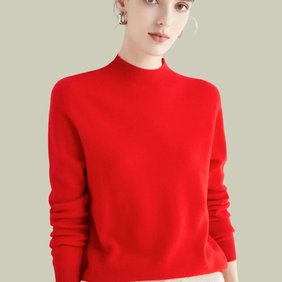 Women's Merino Wool Sweaters Mock-Neck Long-Sleeve Knit Jumper