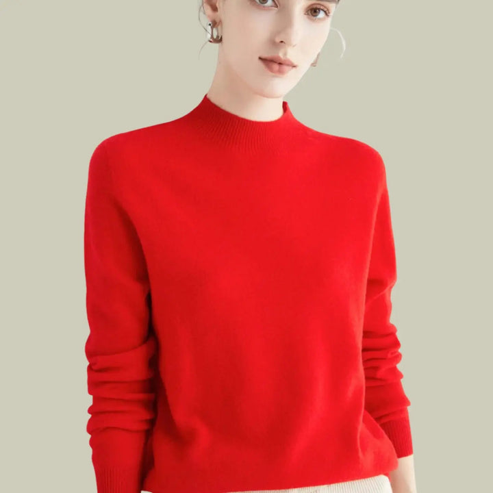 Women's Merino Wool Sweaters Mock-Neck Long-Sleeve Knit Jumper
