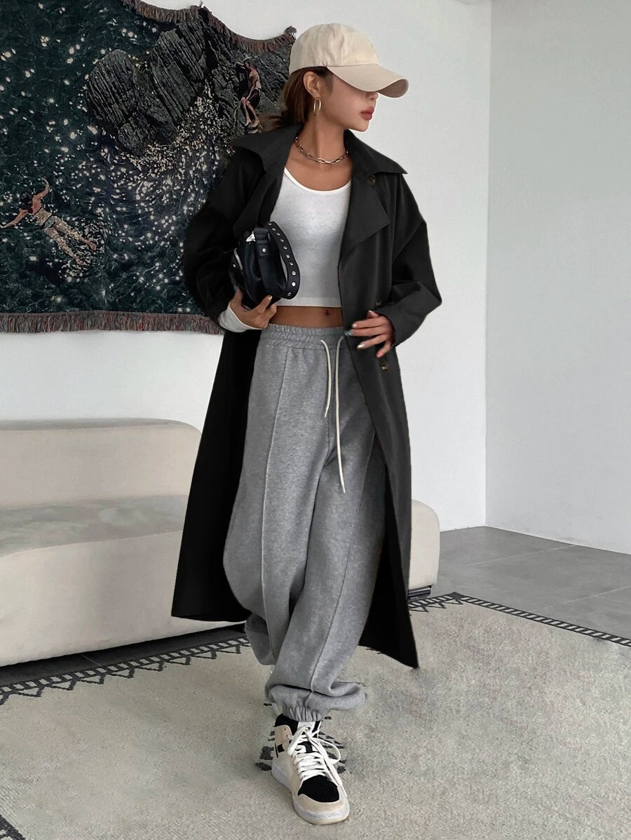 Women's Notch Lapel Belted Longline Trench Coat