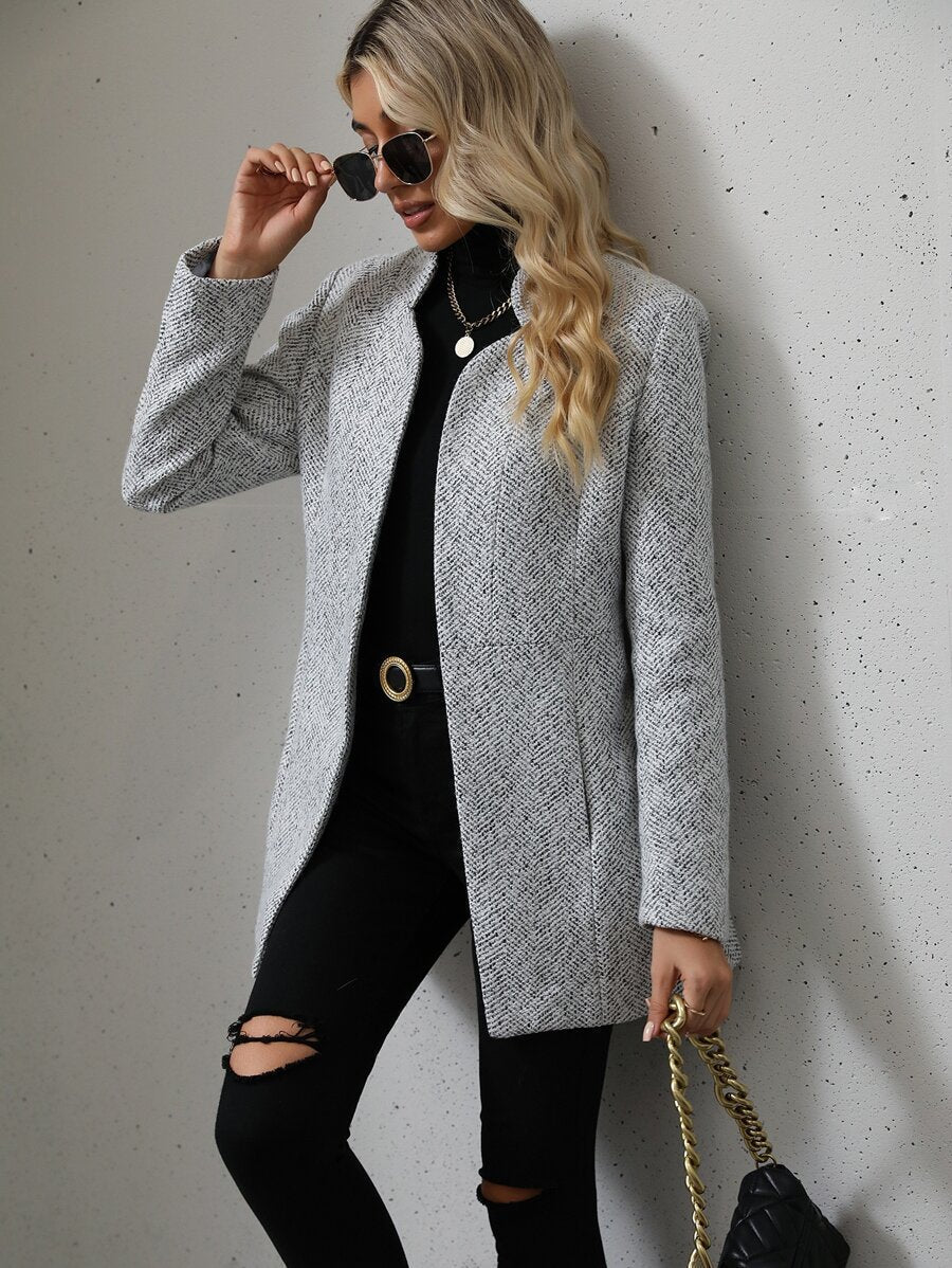 Women's Open Front Stand Collar Overcoat