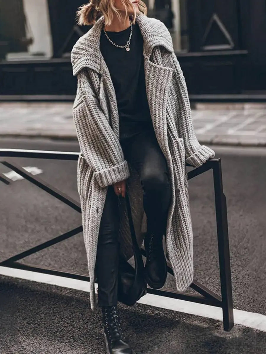 Women's Oversized Chunky Knit Lapel Longline Cardigan