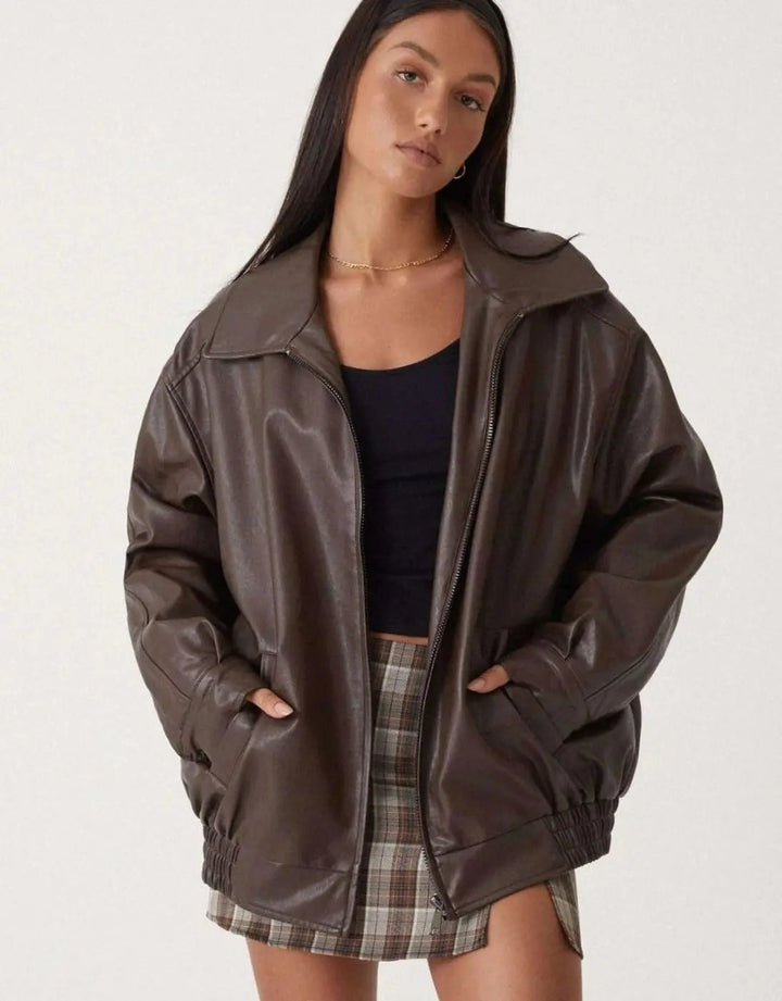 Women's Oversized Faux Leather Zip-Up Bomber Jacket