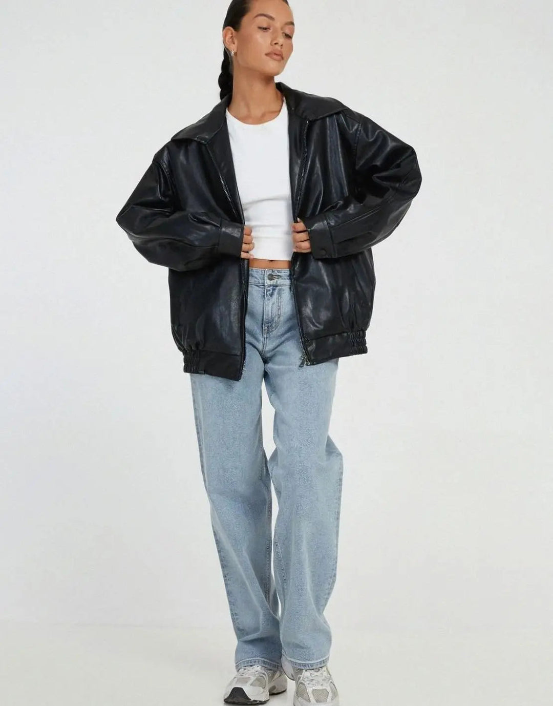Women's Oversized Faux Leather Zip-Up Bomber Jacket