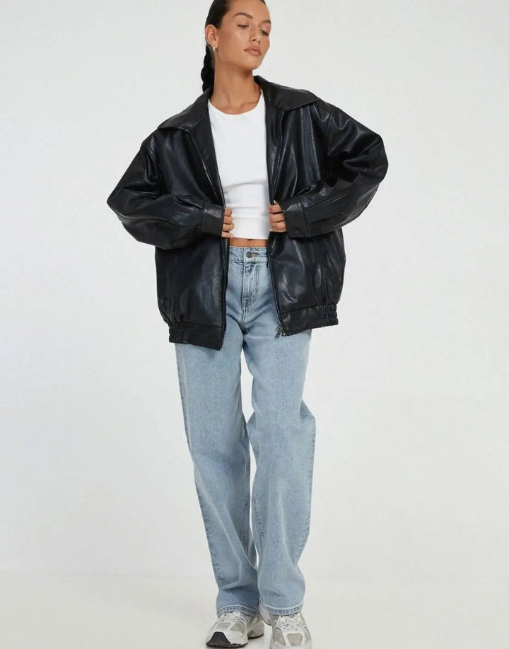 Women's Oversized Faux Leather Zip-Up Bomber Jacket
