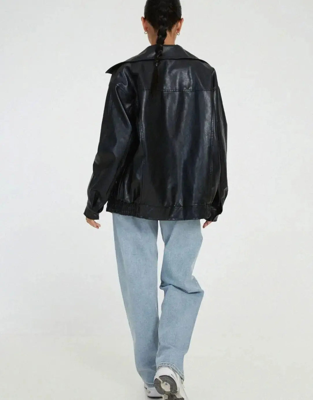 Women's Oversized Faux Leather Zip-Up Bomber Jacket