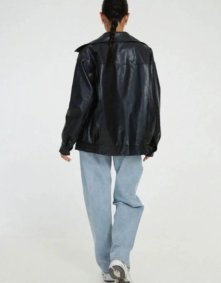 Women's Oversized Faux Leather Zip-Up Bomber Jacket