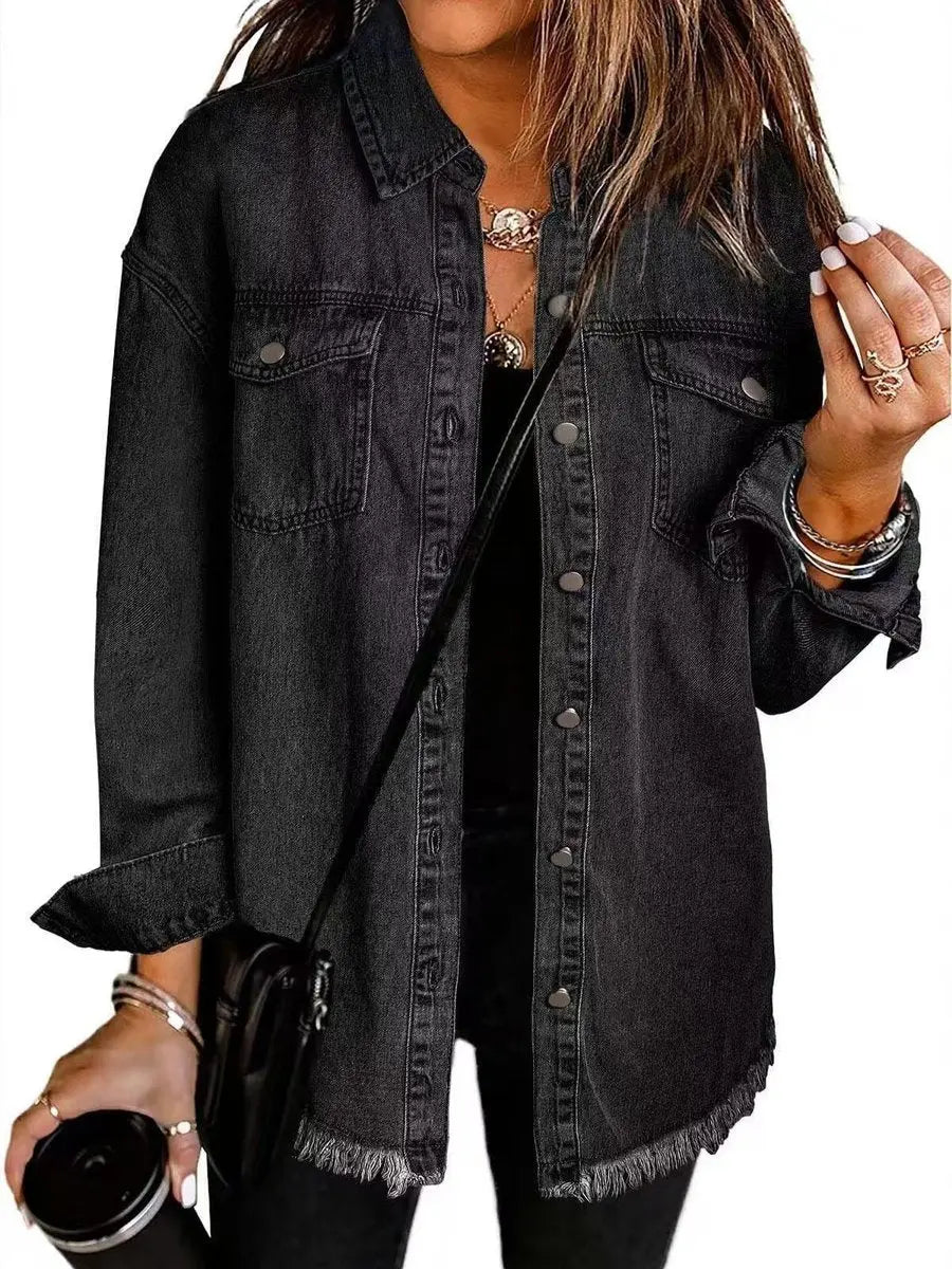 Women's Oversized Longline Denim Jacket Raw Hem Snap Button