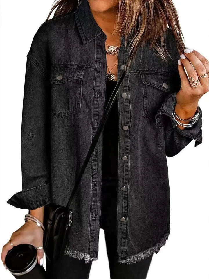 Women's Oversized Longline Denim Jacket Raw Hem Snap Button