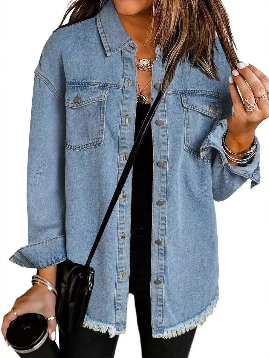 Women's Oversized Longline Denim Jacket Raw Hem Snap Button