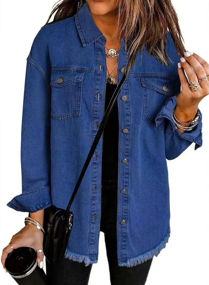 Women's Oversized Longline Denim Jacket Raw Hem Snap Button