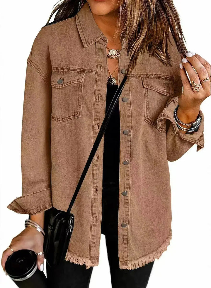 Women's Oversized Longline Denim Jacket Raw Hem Snap Button