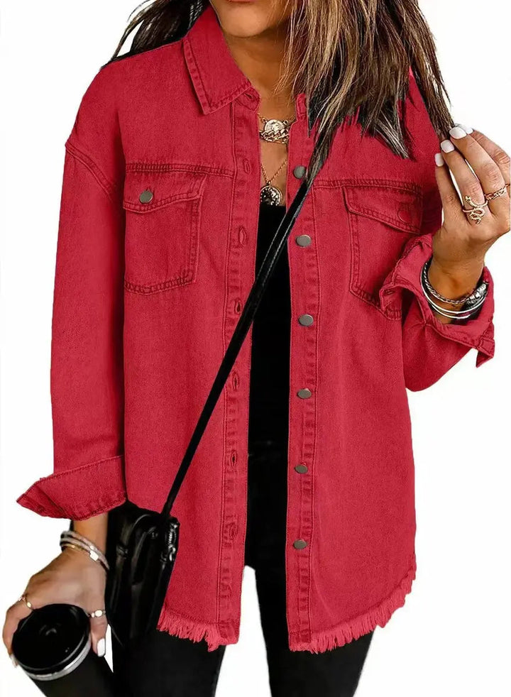 Women's Oversized Longline Denim Jacket Raw Hem Snap Button