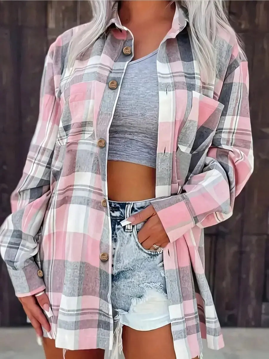 Women's Oversized Plaid Flannel Open-Front Shirt Cardigan