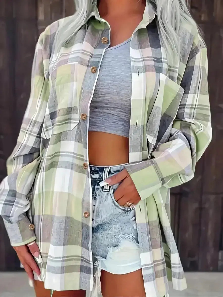 Women's Oversized Plaid Flannel Open-Front Shirt Cardigan