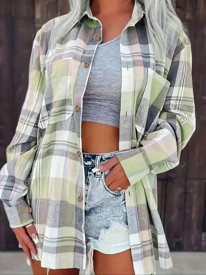 Women's Oversized Plaid Flannel Open-Front Shirt Cardigan
