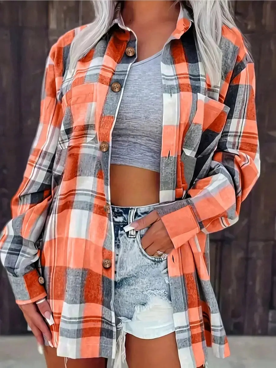 Women's Oversized Plaid Flannel Open-Front Shirt Cardigan
