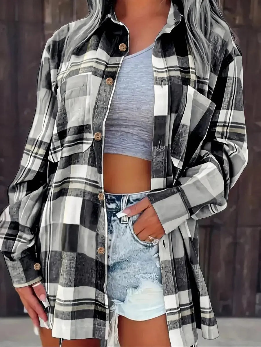 Women's Oversized Plaid Flannel Open-Front Shirt Cardigan