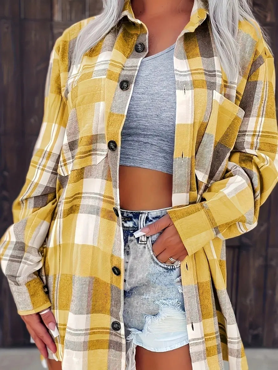 Women's Oversized Plaid Flannel Open-Front Shirt Cardigan