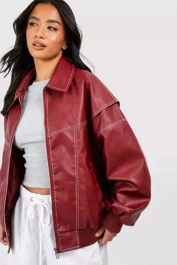 Women's Oversized Quilted Jacket Contrast Stitch Bomber
