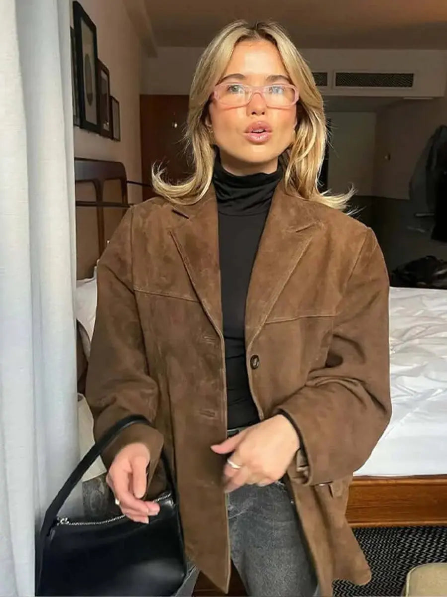 Women's Oversized Suede Blazer Jacket Brown Longline Coat