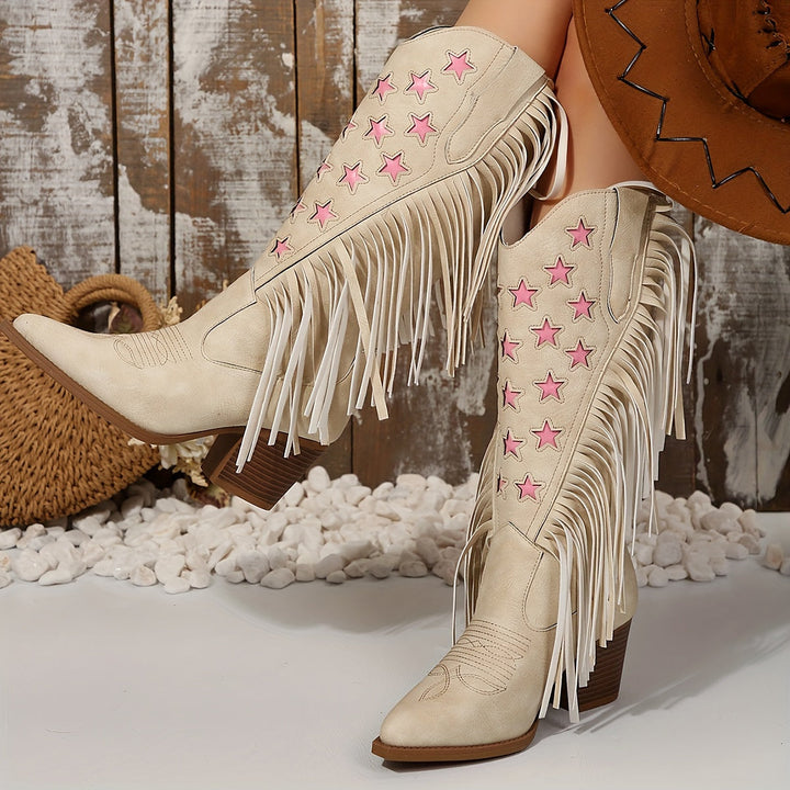 Women's Pink Star Fringed Western Knee High Boots