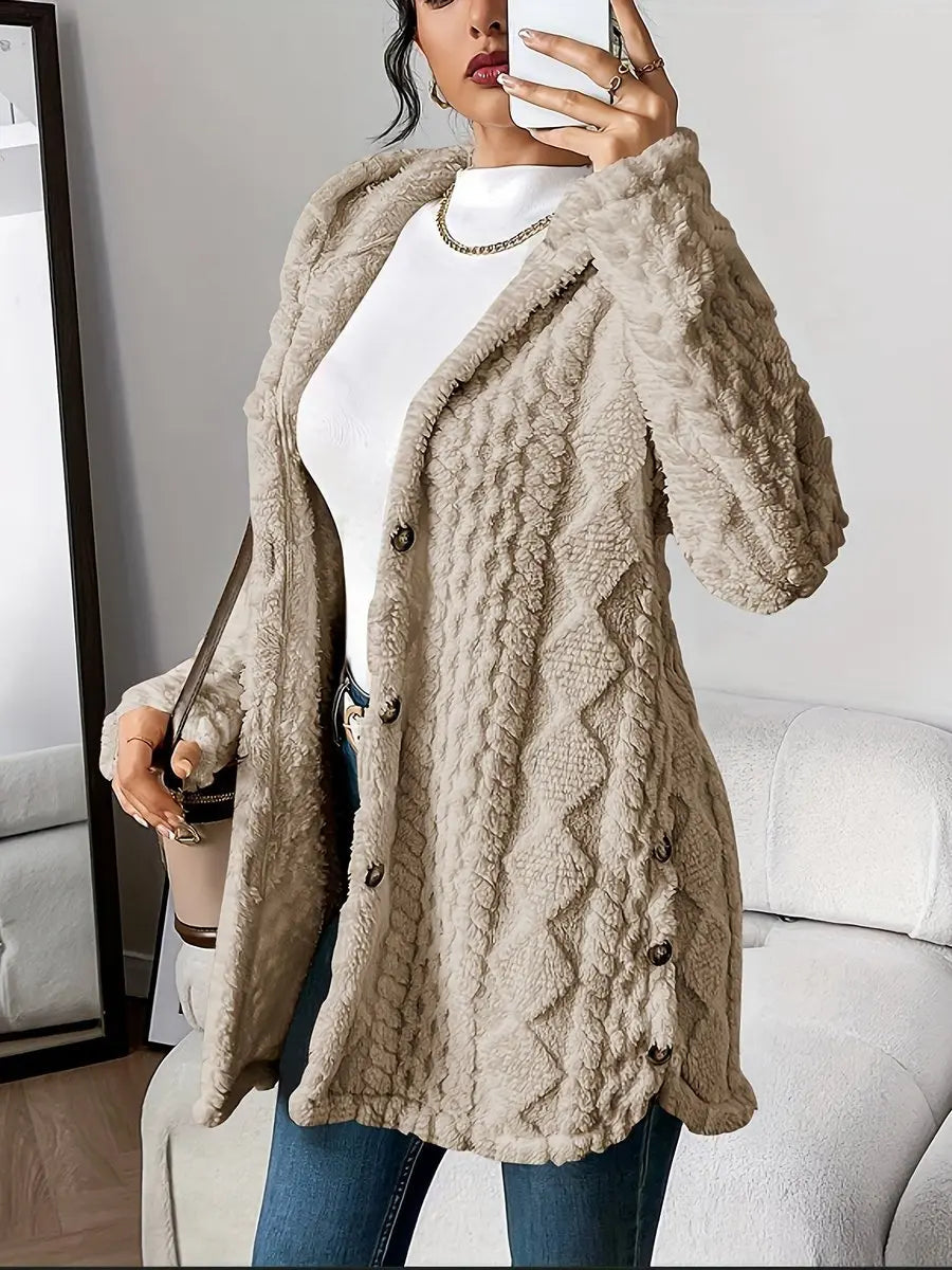 Women's Plush Hooded Button-Front Longline Cardigan