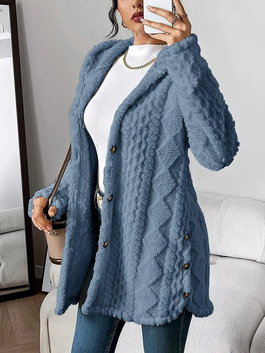Women's Plush Hooded Button-Front Longline Cardigan
