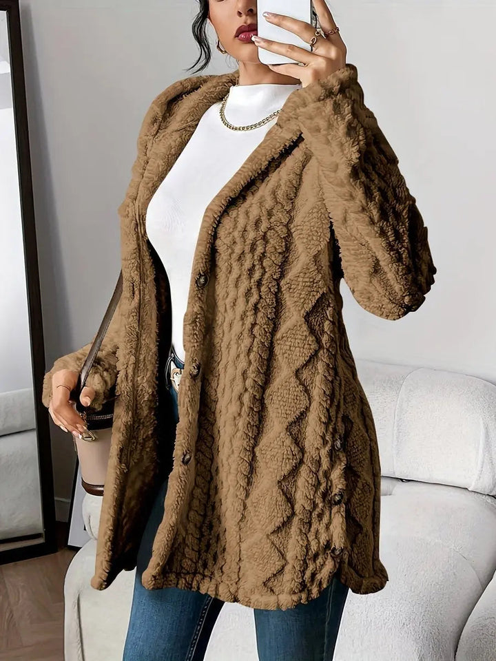 Women's Plush Hooded Button-Front Longline Cardigan