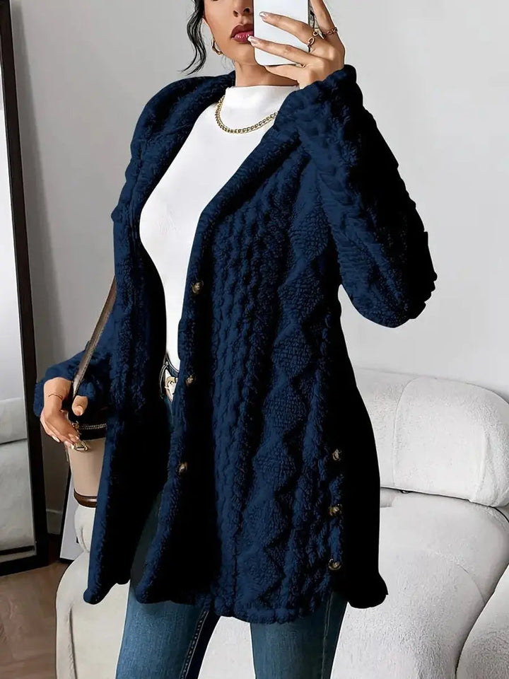Women's Plush Hooded Button-Front Longline Cardigan