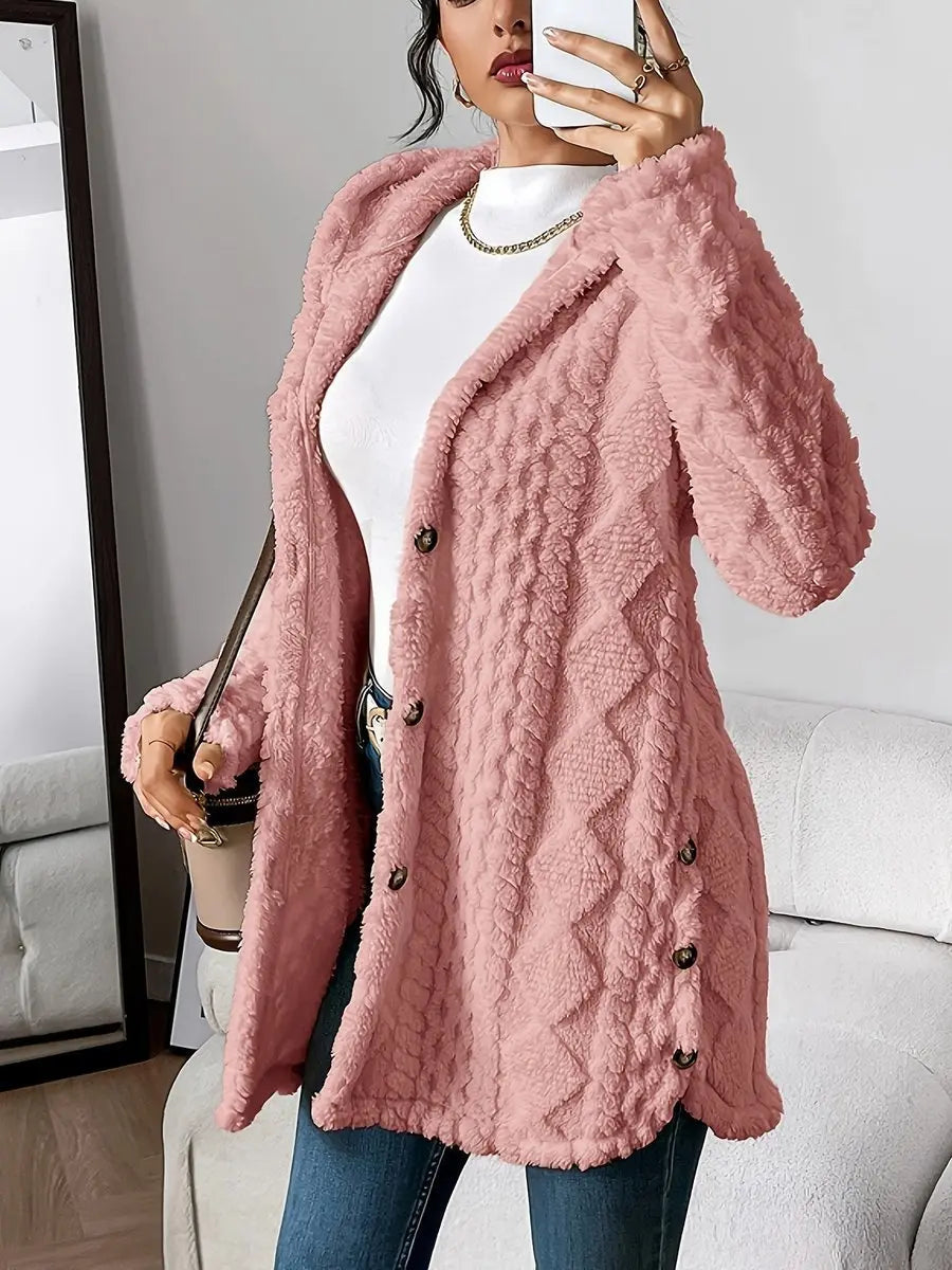 Women's Plush Hooded Button-Front Longline Cardigan
