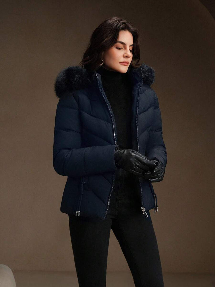 Women's Plush Trim Hooded Puffer Jacket with Drawcord Hem