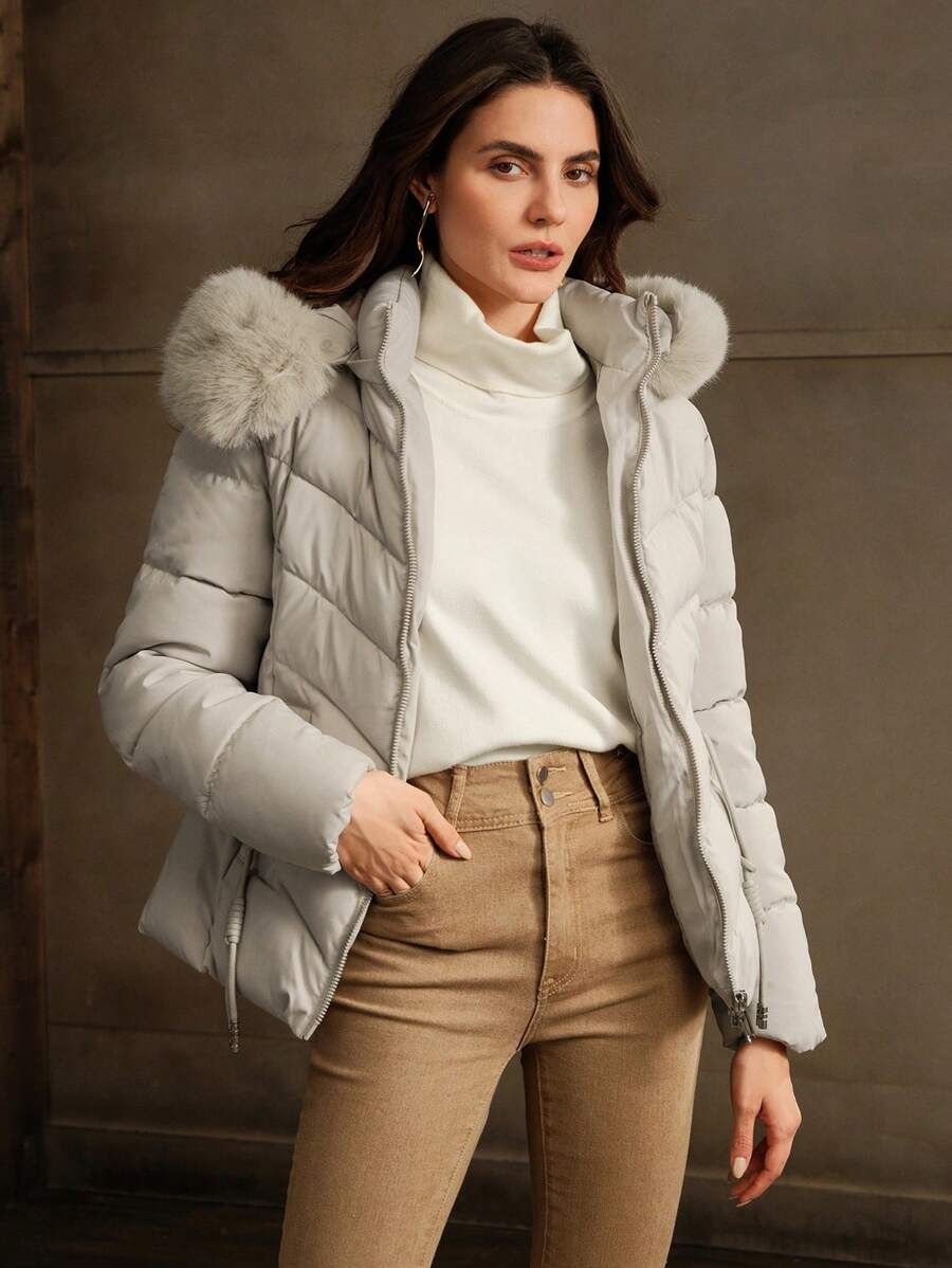 Women's Plush Trim Hooded Puffer Jacket with Drawcord Hem