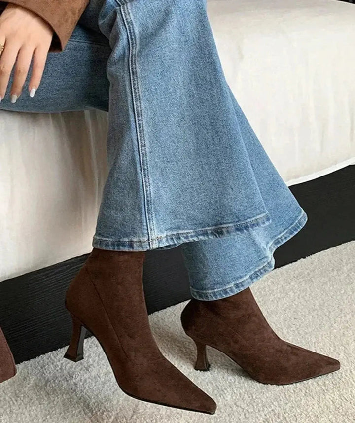 Women's Pointed Toe Kitten Heel Suede Sock Ankle Boots
