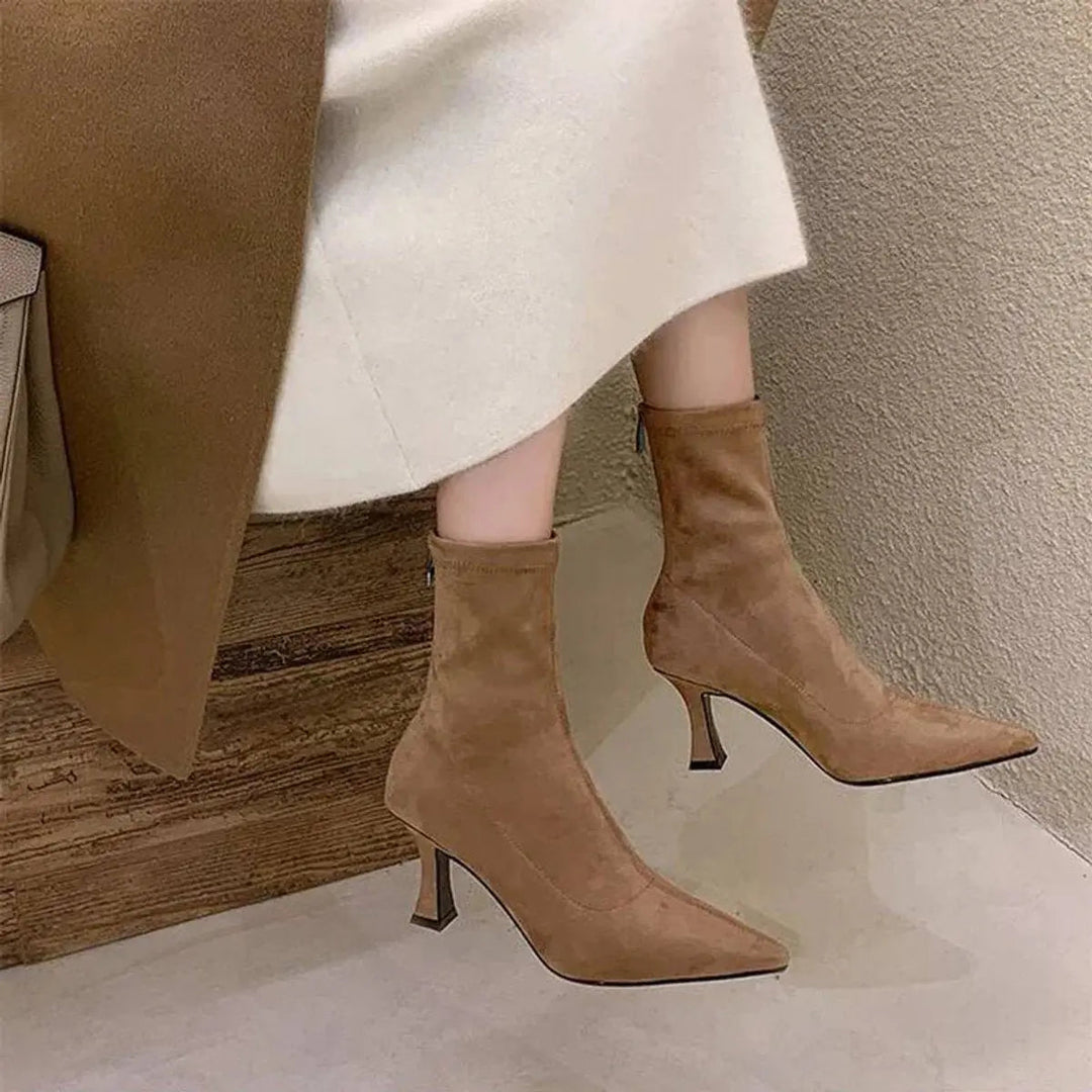 Women's Pointed Toe Kitten Heel Suede Sock Ankle Boots