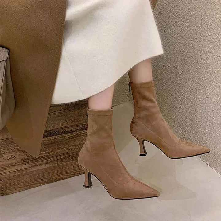 Women's Pointed Toe Kitten Heel Suede Sock Ankle Boots