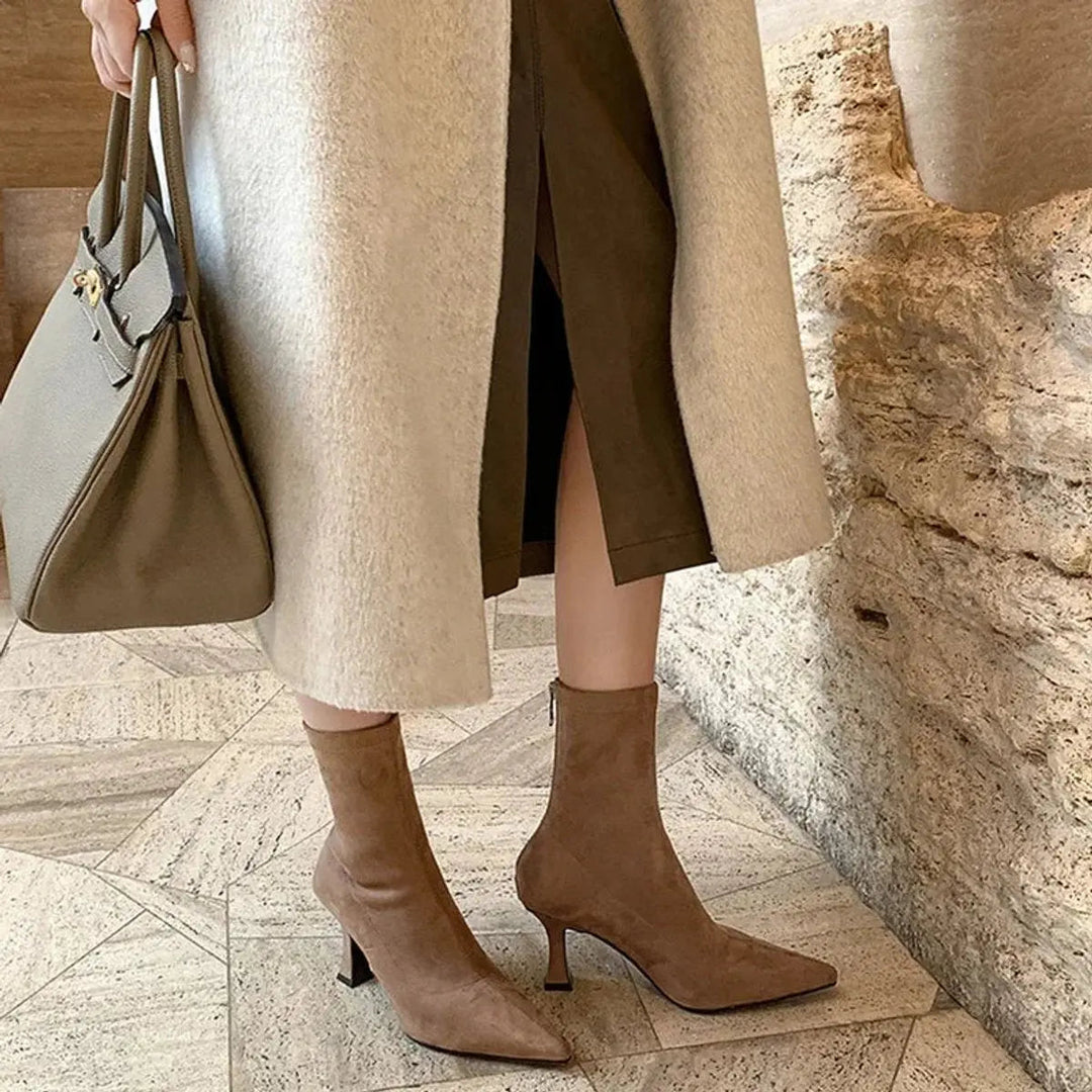 Women's Pointed Toe Kitten Heel Suede Sock Ankle Boots