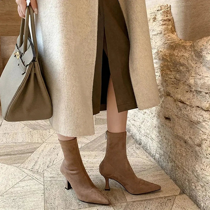 Women's Pointed Toe Kitten Heel Suede Sock Ankle Boots