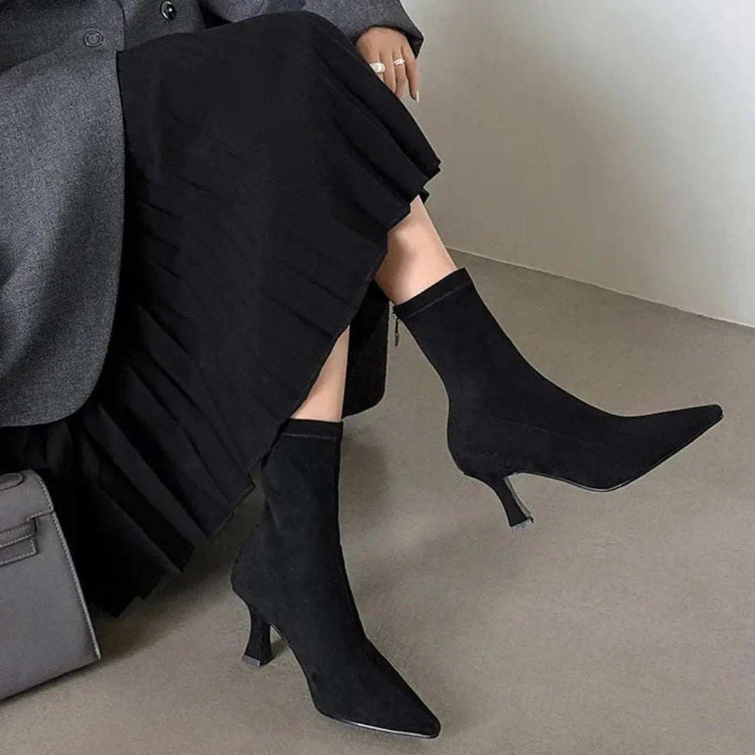Women's Pointed Toe Kitten Heel Suede Sock Ankle Boots