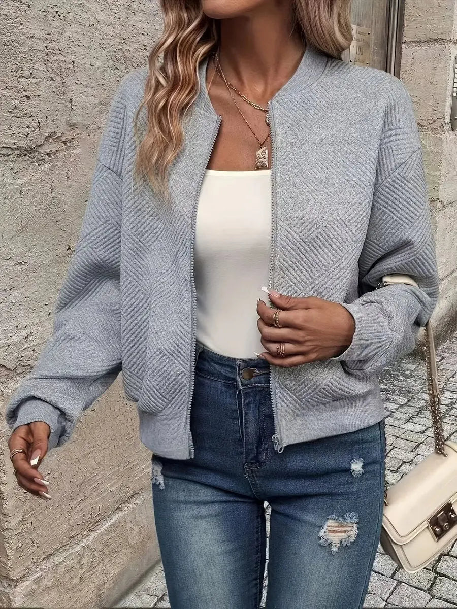 Women's Quilted Jacket Zip-Up Textured Bomber Cropped Sweatshirt