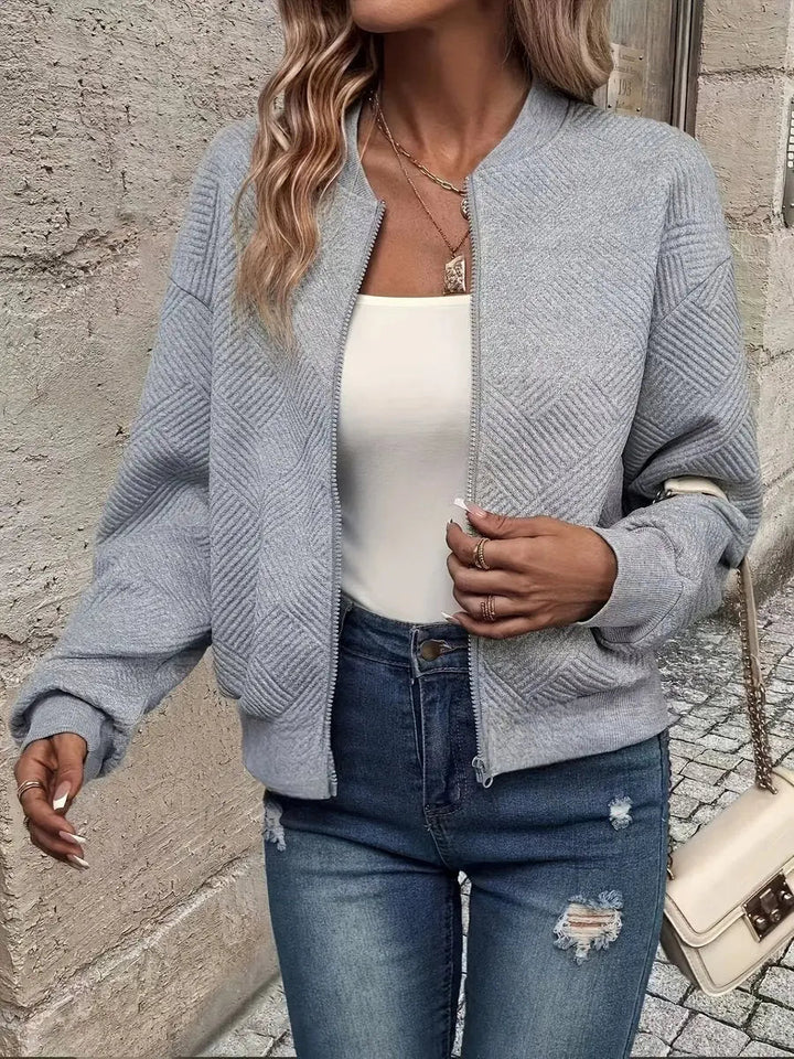 Women's Quilted Jacket Zip-Up Textured Bomber Cropped Sweatshirt