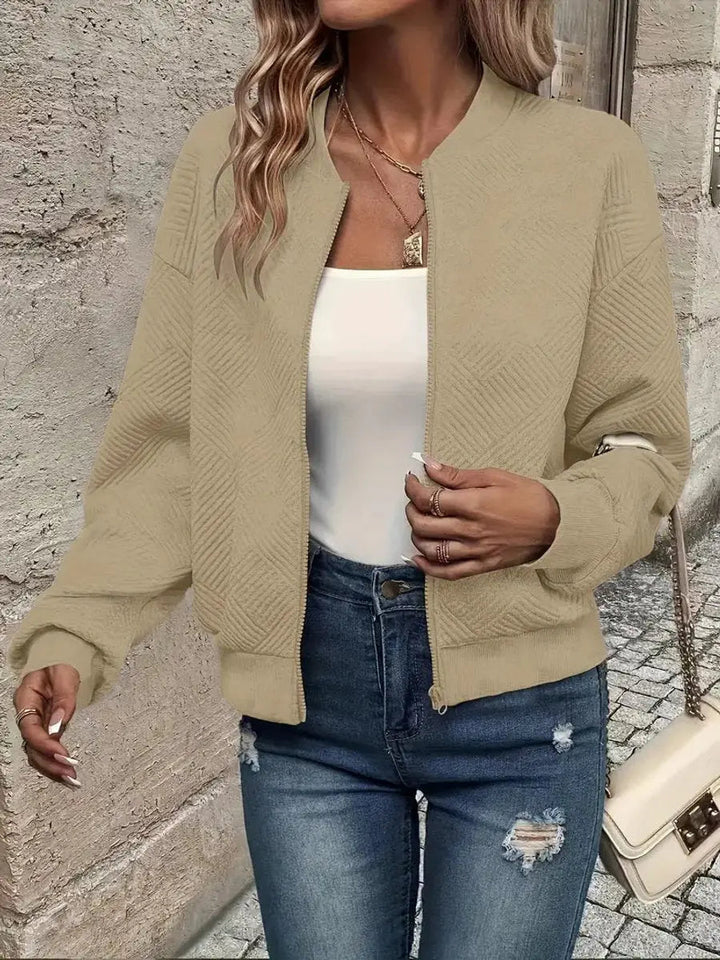 Women's Quilted Jacket Zip-Up Textured Bomber Cropped Sweatshirt