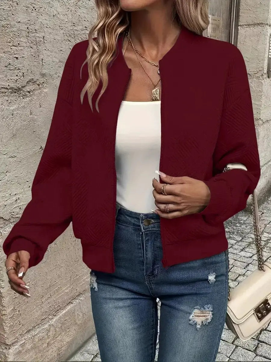Women's Quilted Jacket Zip-Up Textured Bomber Cropped Sweatshirt