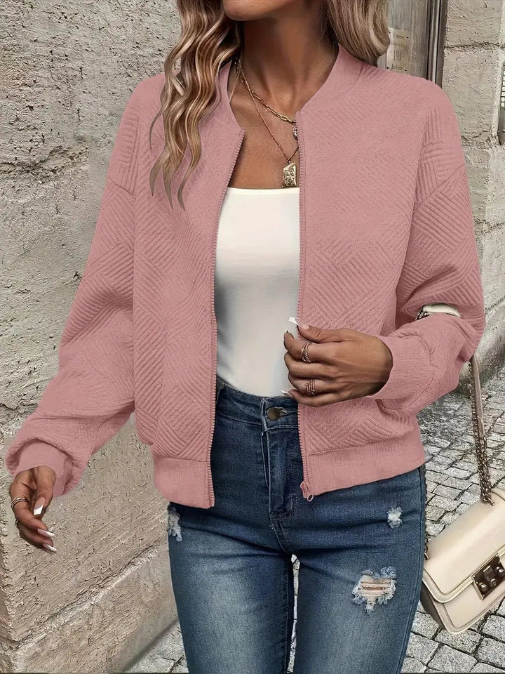 Women's Quilted Jacket Zip-Up Textured Bomber Cropped Sweatshirt