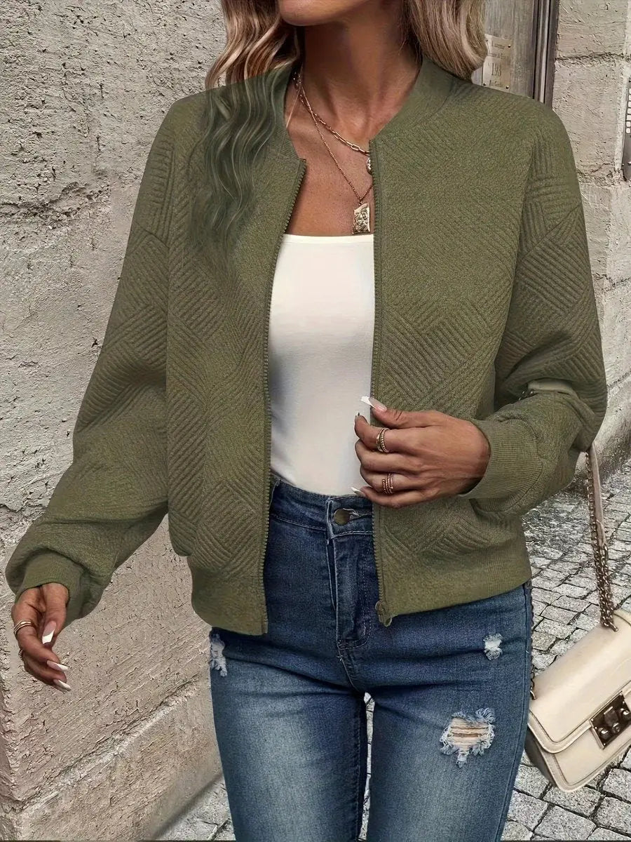 Women's Quilted Jacket Zip-Up Textured Bomber Cropped Sweatshirt