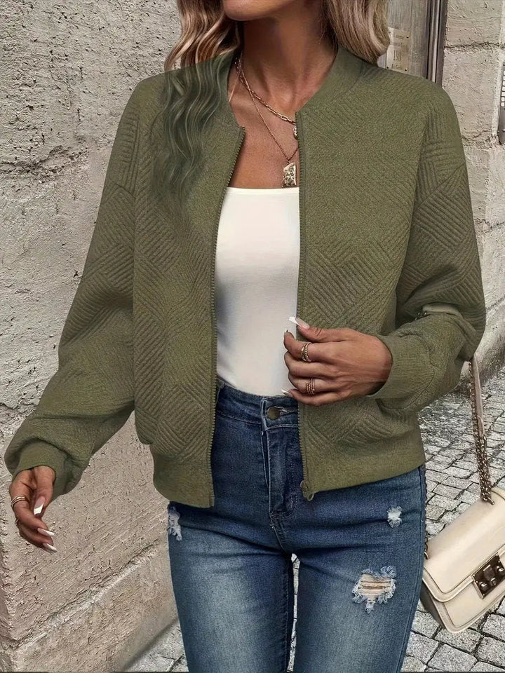 Women's Quilted Jacket Zip-Up Textured Bomber Cropped Sweatshirt